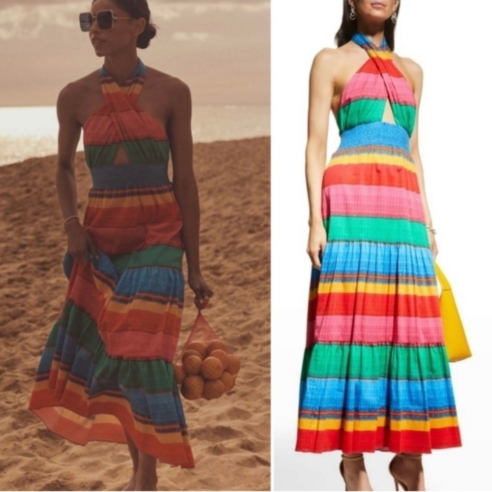 Alice + Olivia NWT Lyndon Multicolor Cabo Stripe Maxi Dress Halter Cut Out Flowy - Picture 2 of 16